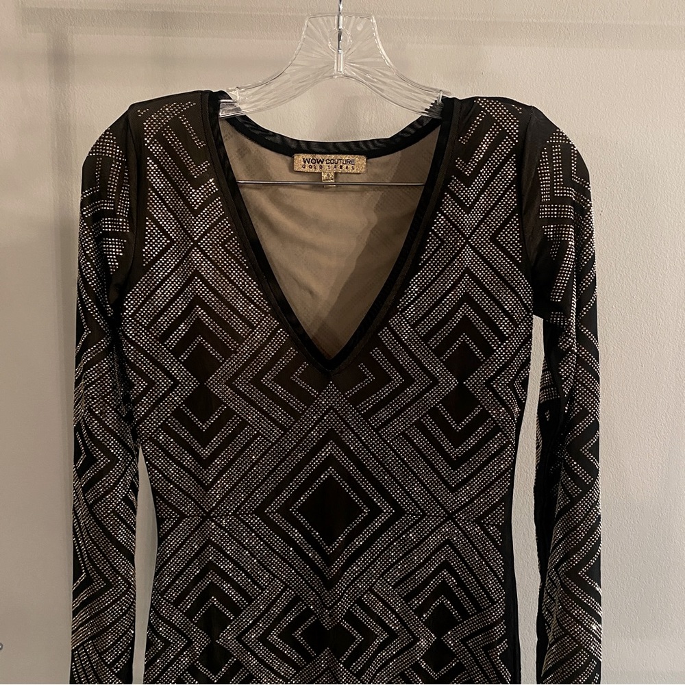 WOW COUTURE black and gold rhinestone long sleeve minidress